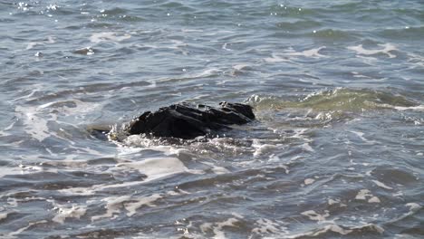 Close-up-of-single-silhouette-rock-in-water-with-incoming-waves