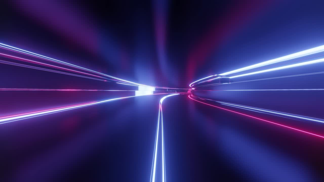 Tunnel astratto high-tech in loop 4K con luci al neon, la telecamera vola attraverso il tunnel, luci al neon viola sfarfallano. Sfondo sci-fi in stile cyberpunk o futuro high-tech. Sfondo futuristico 5