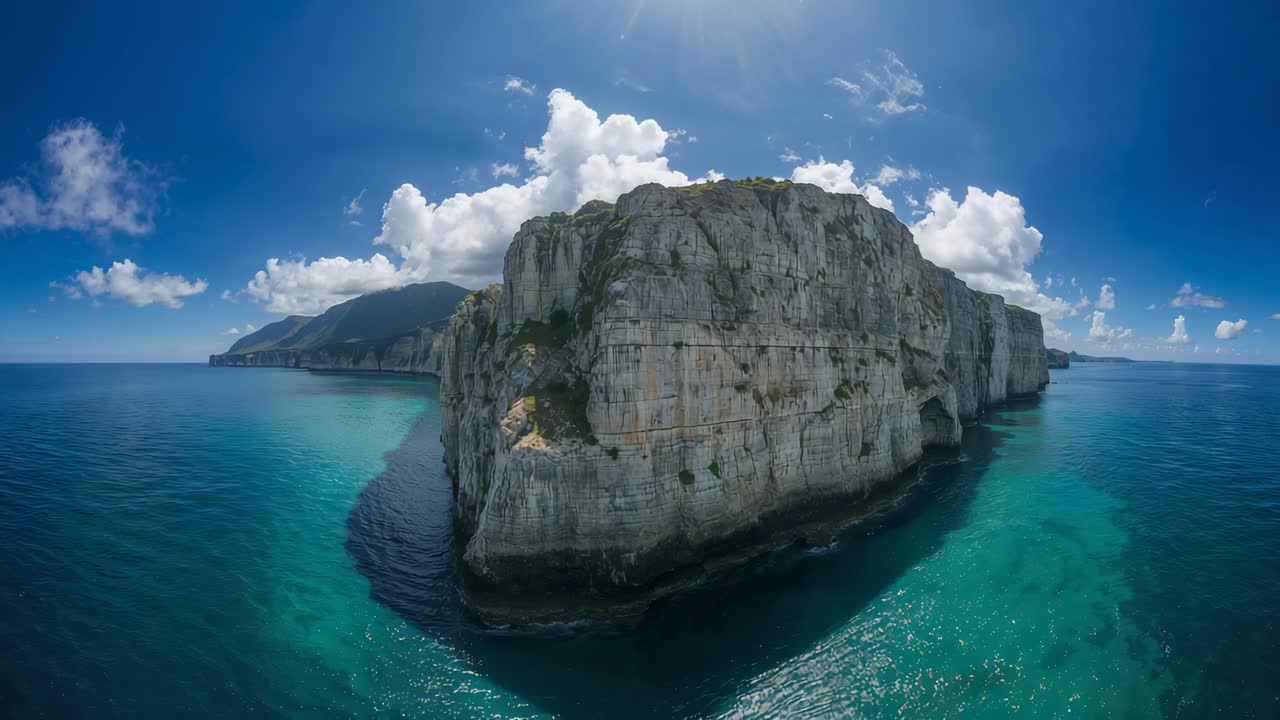 Drone con camera attivato dal lancio che ruota attorno a una scogliera calcarea sulla costa, mostrando grotte e fondale turchese