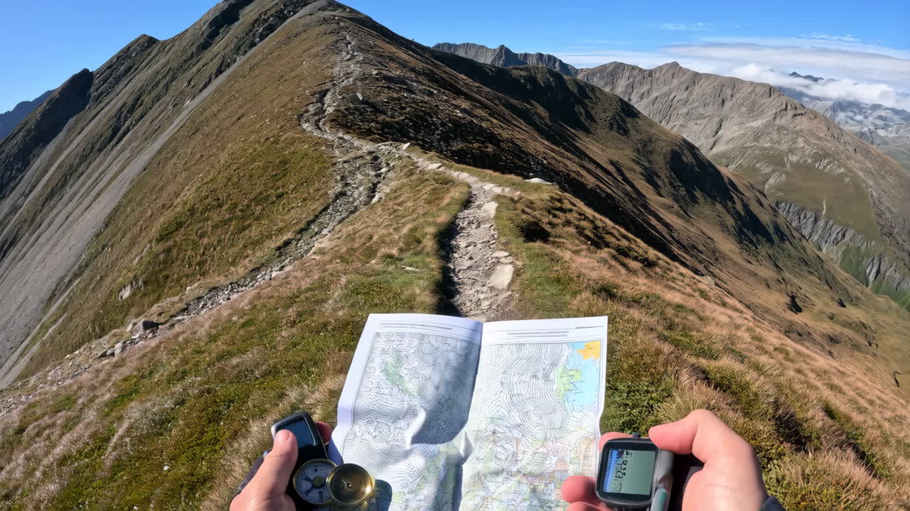 Person navigating a mountain trail with a map and compass