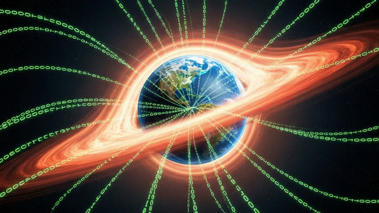 A Cosmic Encounter: The Earth Encircled by a Vortex of Digital Data Representing the Intersection of Technology and Nature in a Stunning Visual Representation