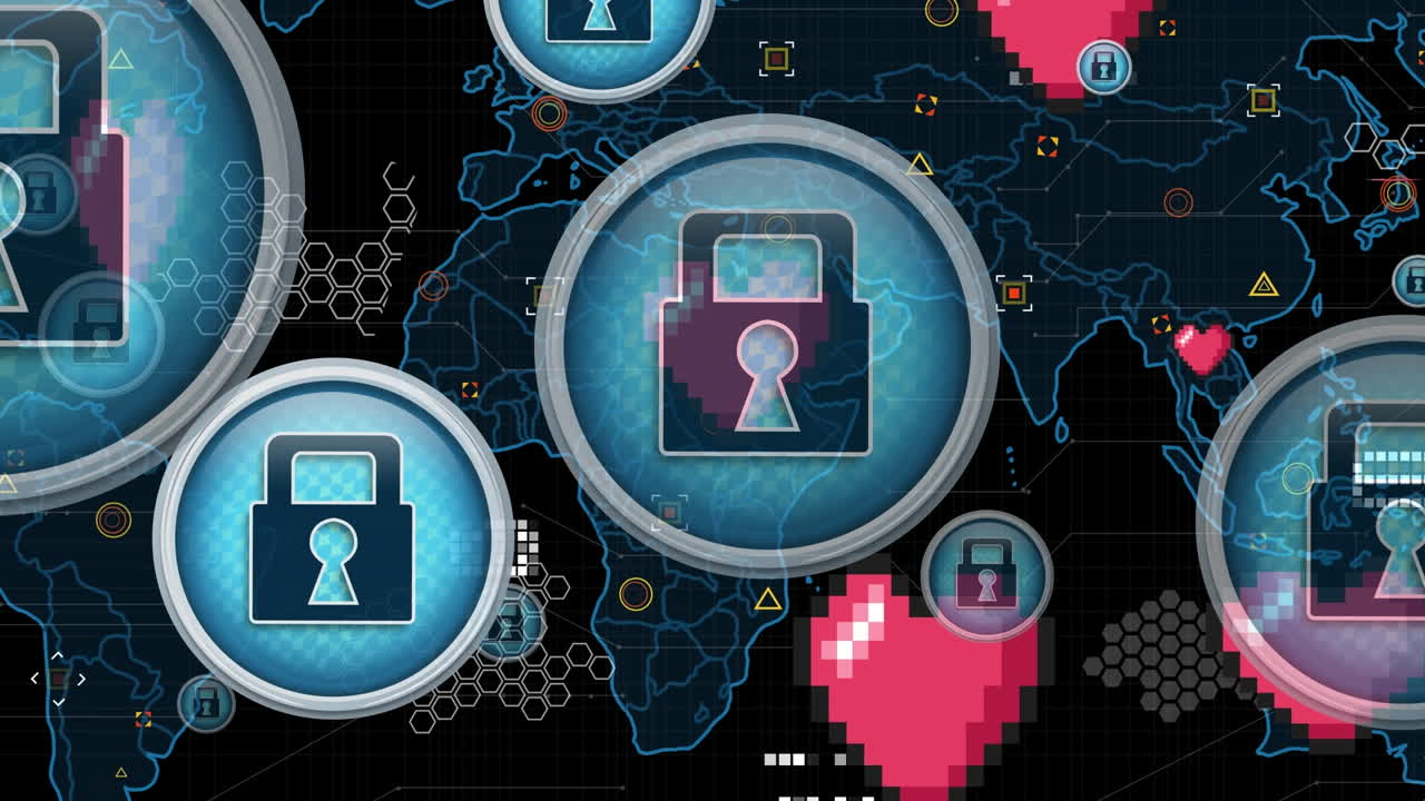 animación del procesamiento de datos sobre el candado y el mapa del mundo.