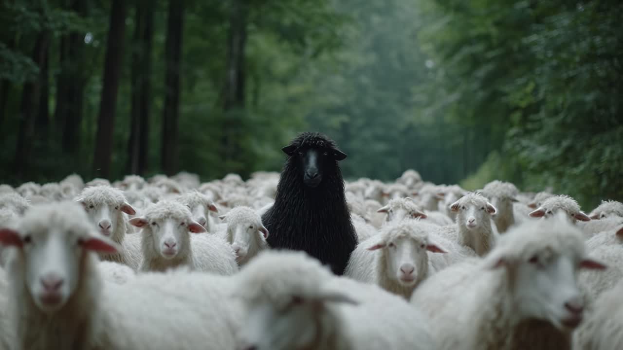 A solitary black sheep stands out vividly among a vast flock of white sheep in a tranquil forest setting, capturing the contrast between individuality and conformity