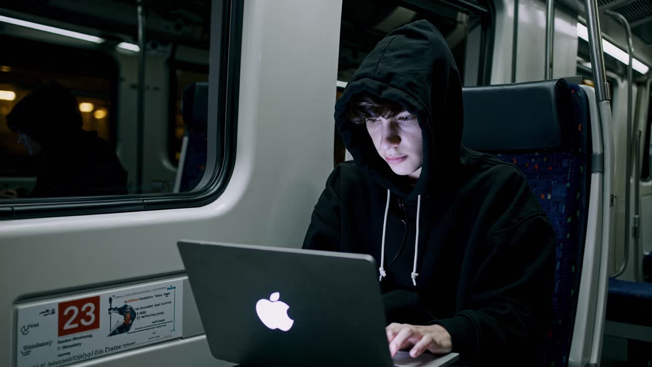A young adult types away on their laptop while seated on a train traveling through the city during the late hours of the night