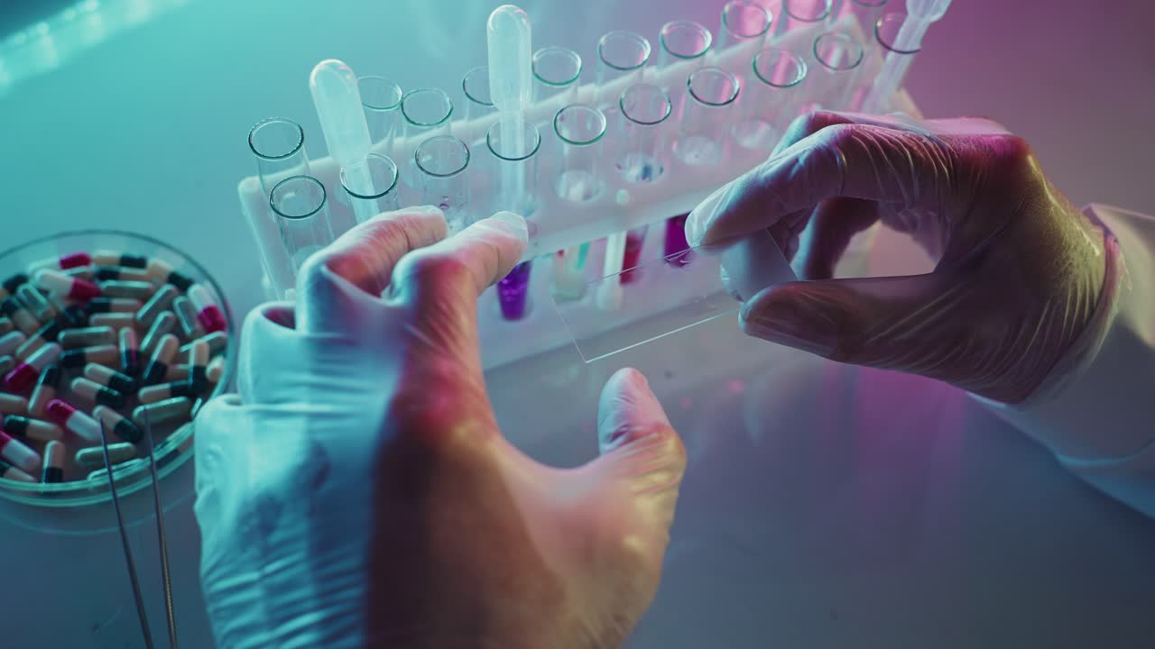 Scientist's Hands in Gloves Working with Test Tubes and Microscope Slide in Lab