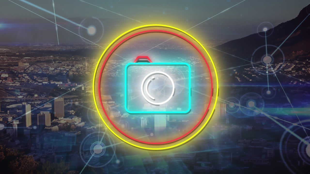 도시 풍경과 카메라 아이콘을 통해 연결 네트워크의 애니메이션