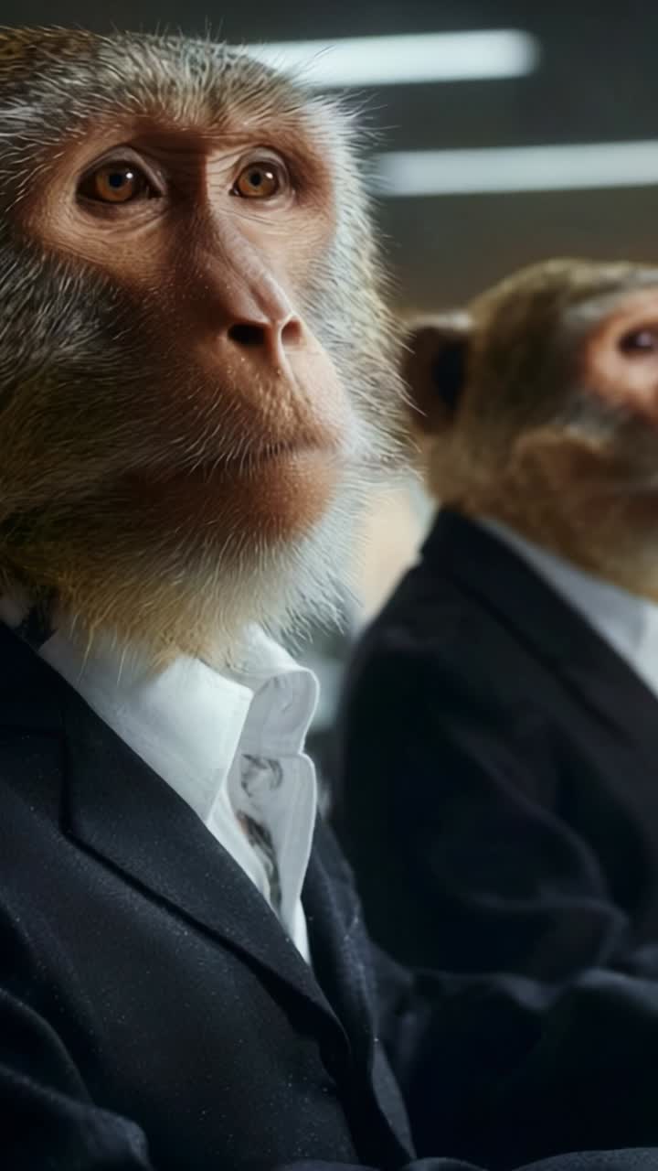 I et uventet virksomhedsmiljø viser to aber klædt i jakkesæt spændende udtryk og blander humor og fantasi i usandsynlige omgivelser