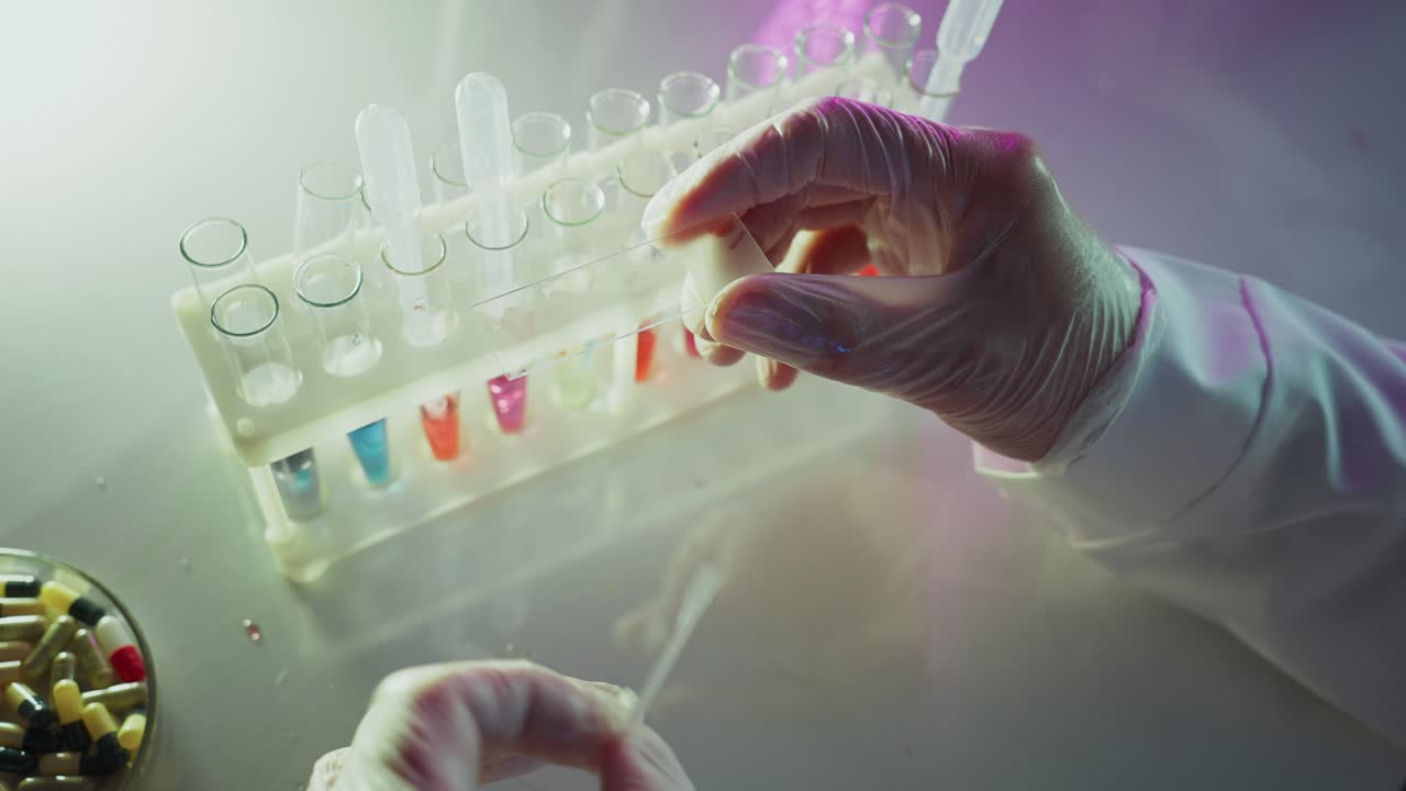 Scientist in Gloves Preparing Sample on Microscope Slide in Laboratory