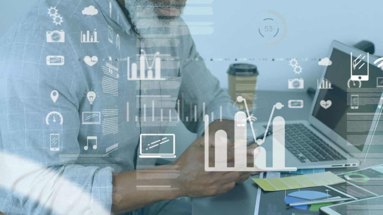 animación de iconos cayendo sobre hombres afroamericanos usando un teléfono inteligente.