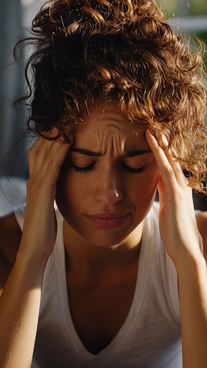 Una giovane donna si tiene la testa, visibilmente stressata. Chiude gli occhi, la fronte corrucciata per il disagio. La luce del sole le illumina i capelli ricci e spettinati. Si china in avanti, mostrando chiara stanchezza.