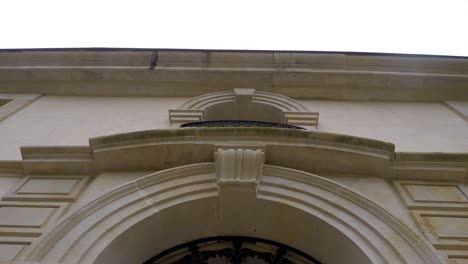 exterior molding of the massive castle entrance door and windows, view from below