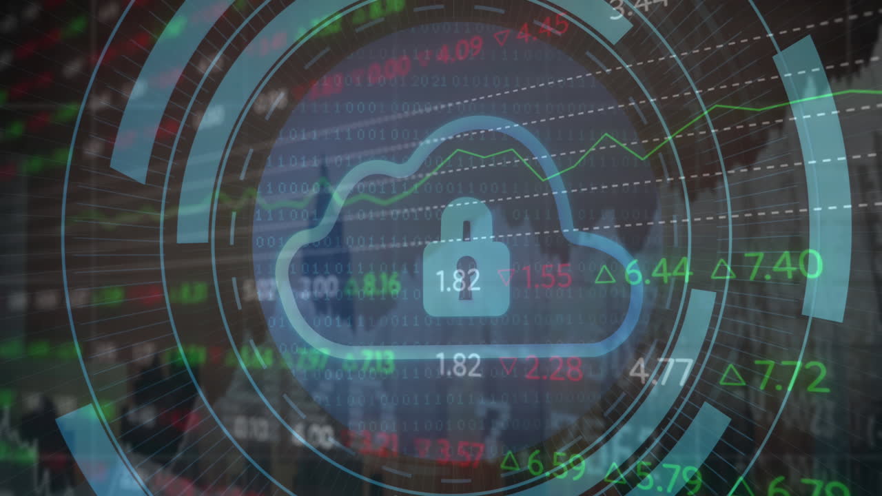 Animation of security padlock and cloud icon against stock market data processing and cityscape