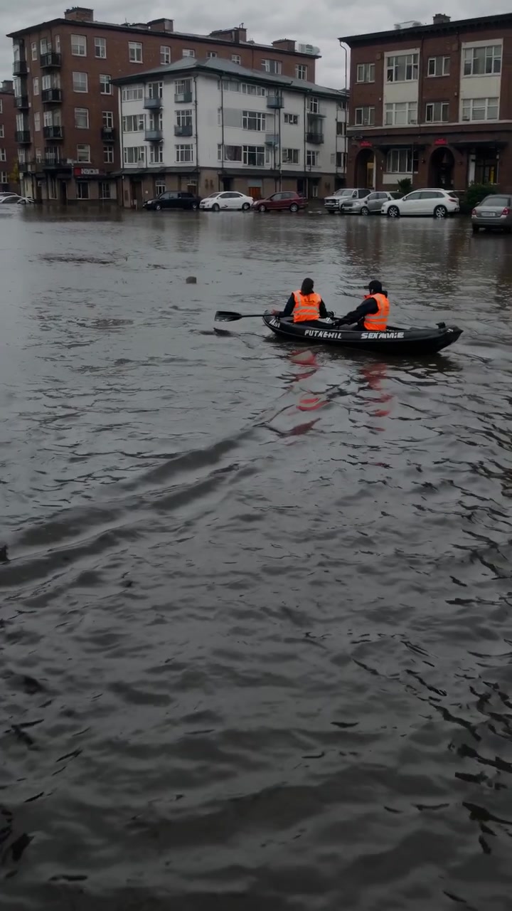 Two People Rowing Inflatable Boat Through Flooded City Street