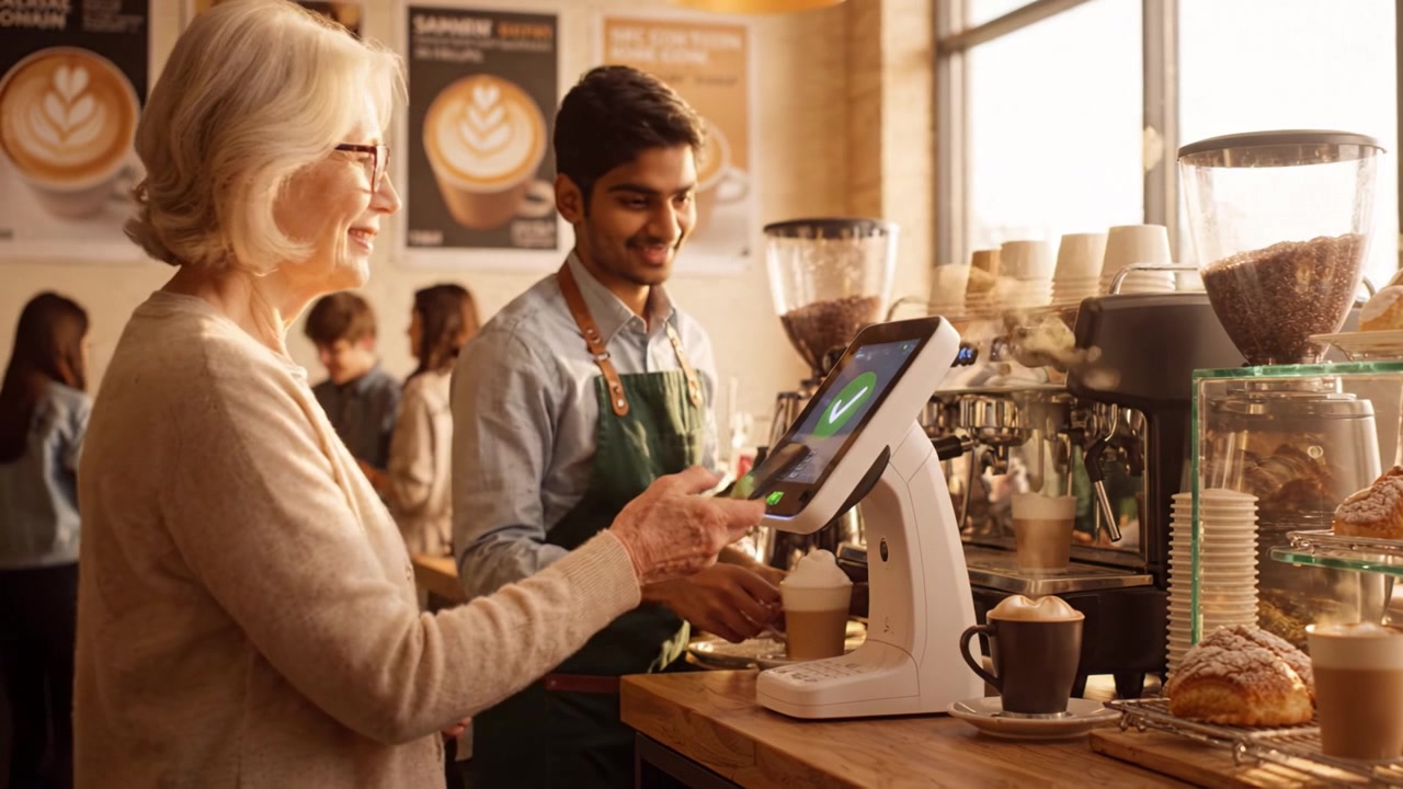 Un'esperienza accogliente in caffetteria: un'anziana donna che interagisce con un barista e si gode l'atmosfera calda in un moderno ambiente da caffè.