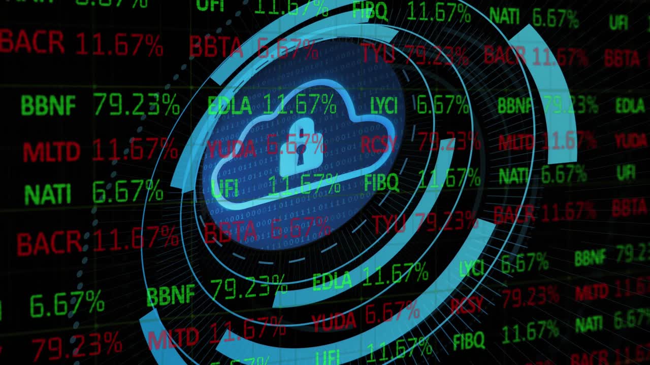Animation of stock market data processing over security padlock and cloud icon on round scanner