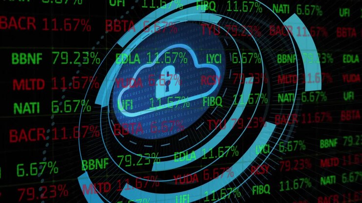 Animation of stock market data processing over security padlock and cloud icon on round scanner