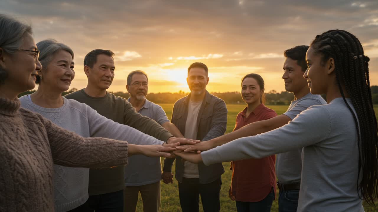 A Diverse Group of Friends and Family Unite at Sunset, Symbolizing Togetherness, Connection, and Harmony in a Beautiful Outdoor Setting