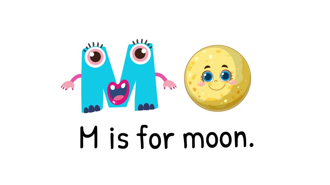 Playful animation of the letter M transforming into a character alongside a smiling moon on a white background