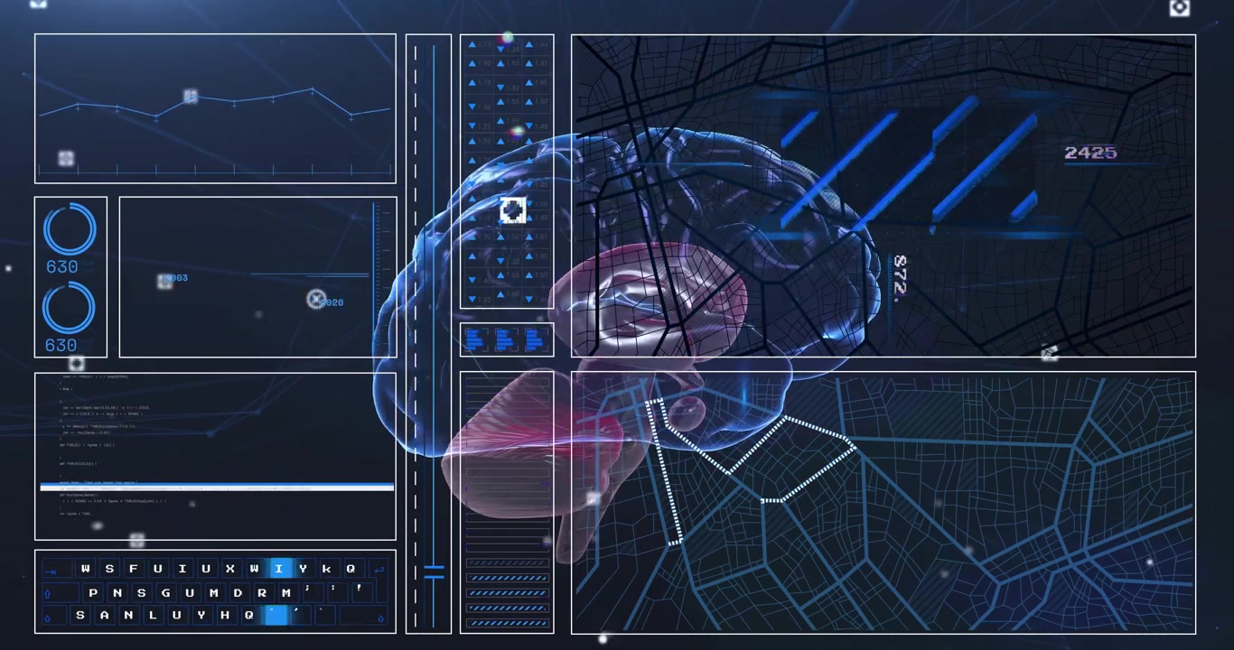 Brain model materializing initiating cubes orbiting, map grid forming showing neural connectivity