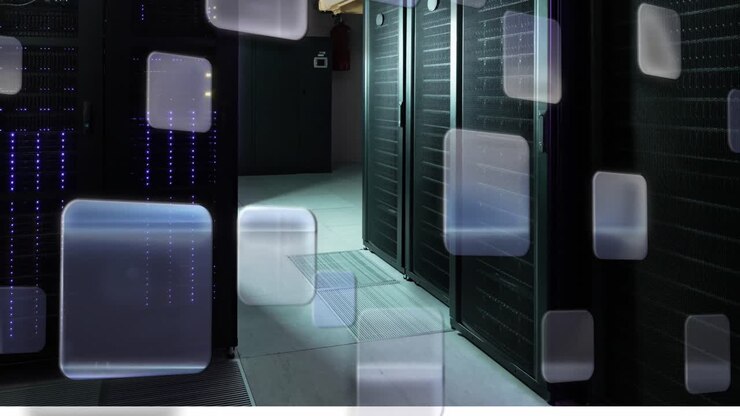Transparent windows moving over computer server room