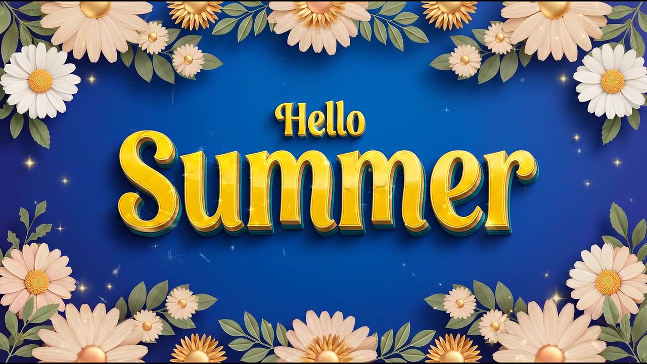 Hello Summer Seasonal Typography Animation with Yellow 3D Text and Daisy Flower Border on Blue Background