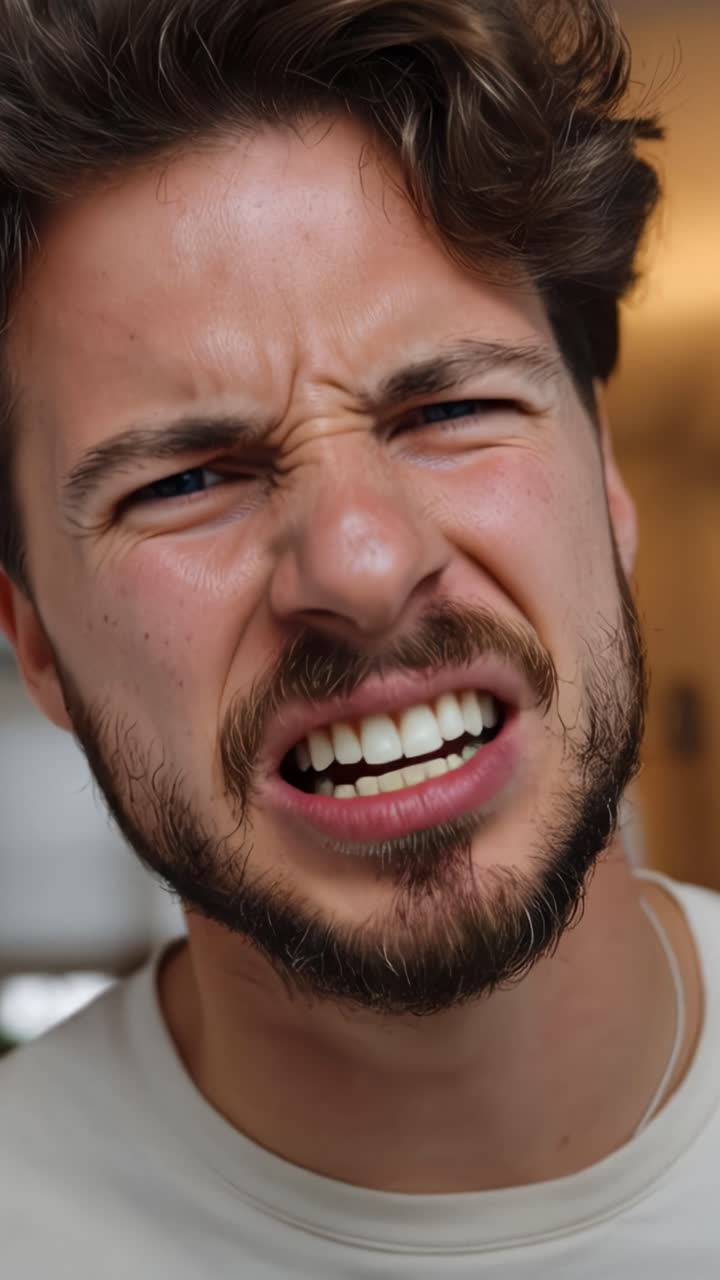 Un uomo che esprime forti emozioni attraverso un'espressione facciale vivida, passando da un grido fragoroso a uno sguardo tranquillo e contemplativo, mostrando la complessità dei sentimenti