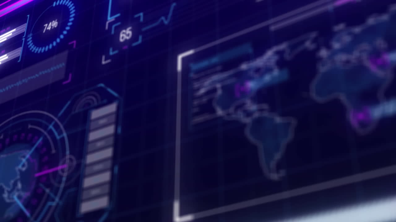 animación de las estadísticas y el procesamiento de datos en pantallas sobre fondo púrpura.