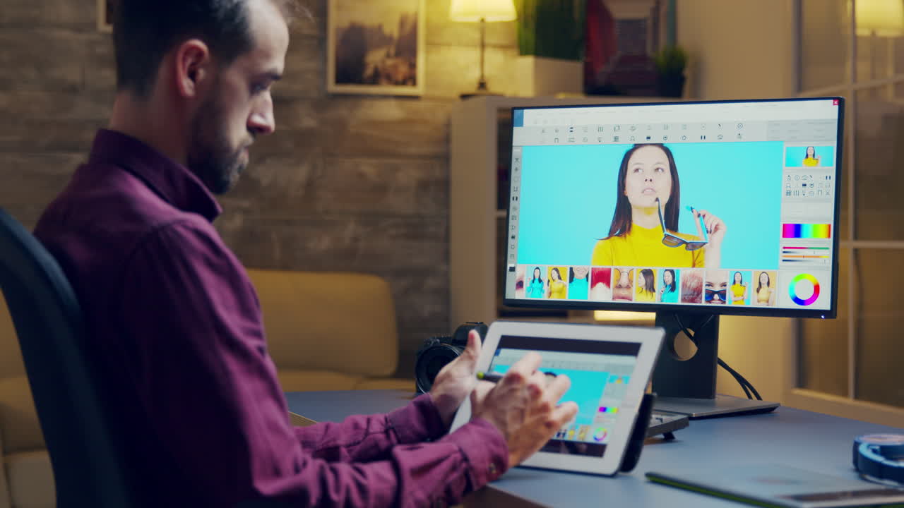 retocado profesional trabajando tarde en la noche en fotos