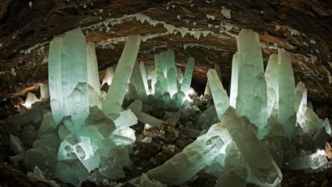 exploring the stunning beauty of giant crystals illuminating a mysterious underground cave, showcasing nature's remarkable mineral formations