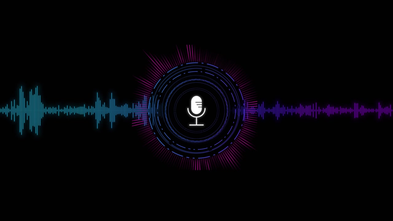 Neon microphone audio wave background glowing circular hud rings cyan and purple sound bars and