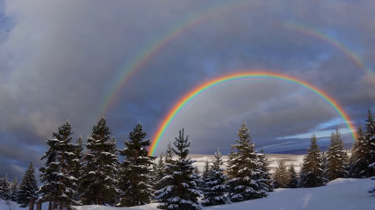 Wide-angle shot capturing a vibrant double rainbow over snow-covered pine trees, creating a serene