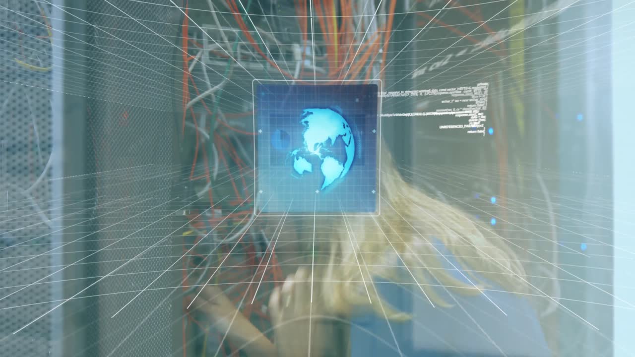 Animazione di interfaccia con elaborazione dati su ingegnere donna caucasica che lavora in sala server