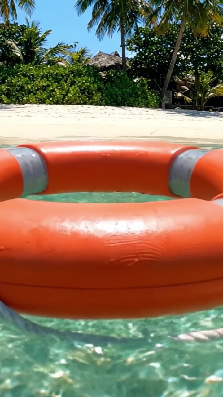 Uma Boia Salva-Vidas Vibrante Flutuando em Águas Turquesa Cintilantes Sob um Céu Limpo, Rodeada por Vegetação Exuberante e Praias Arenosas em um Paraíso Tropical