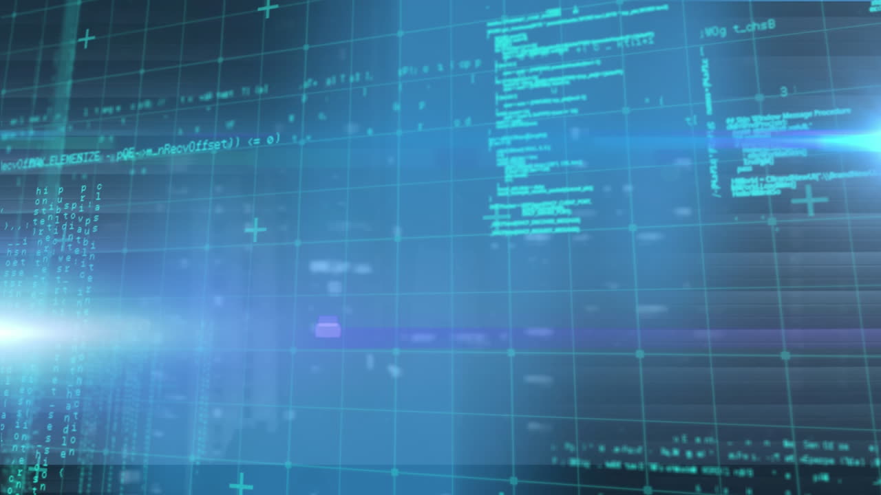 animación del procesamiento de datos sobre la cuadrícula sobre fondo azul