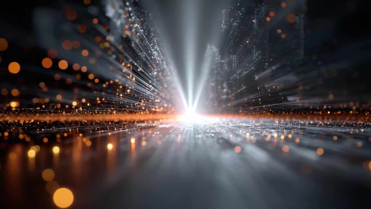 A Stunning Blurred Perspective of Light Rays and Particles Creating an Ethereal Depth Effect in a Darkened Space, Perfect for Exploring Concepts of Velocity and Motion