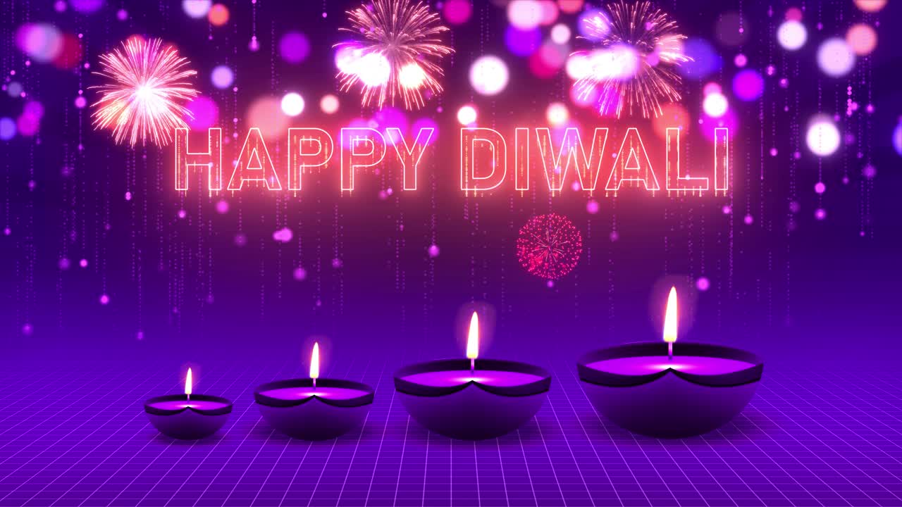 Fuochi d'artificio che bruciano nel cielo notturno del felice Diwali per il festival indiano, sfondo animato con diya