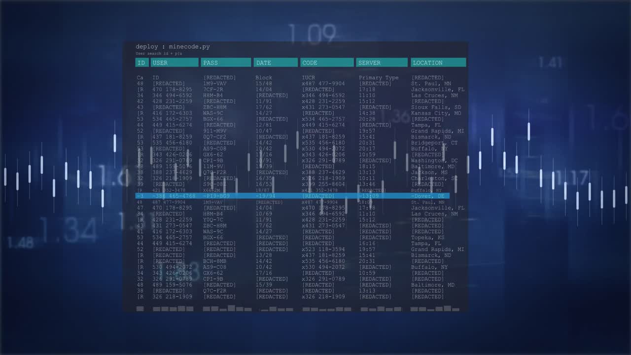 Animation of data processing over screen on blue background