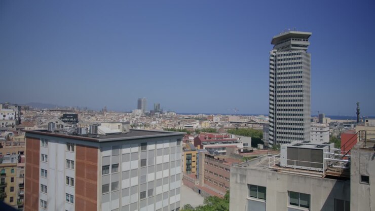 Building Ledge View, Different Angle, Overview of Barcelona Spain in the Early Morning as Birds Fly Along City Skyline in 6K