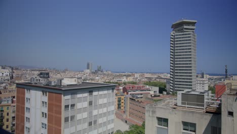 building ledge view, different angle, overview of barcelona spain in the early morning as birds fly along city skyline in 6k