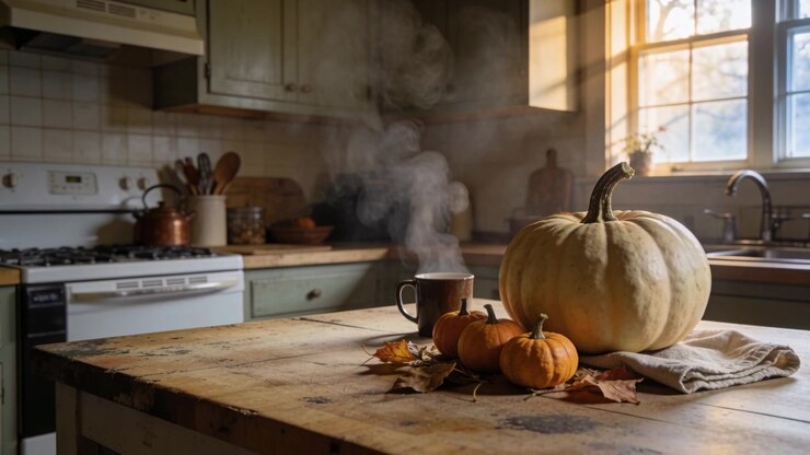 Steaming Mug and Pumpkins on a Rustic Kitchen Counter