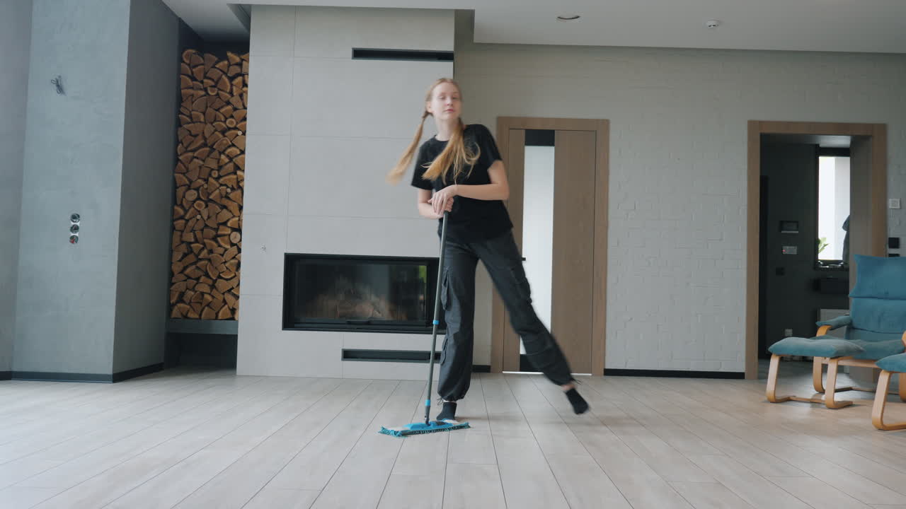 mujer bailando mientras limpia con un trapeador