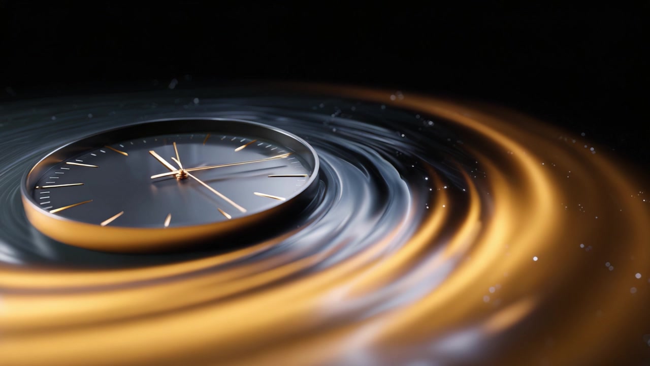 A mesmerizing view of a clock submerged in swirling water, capturing the essence of time as it dances in fluid motion amidst a backdrop of shimmering light.