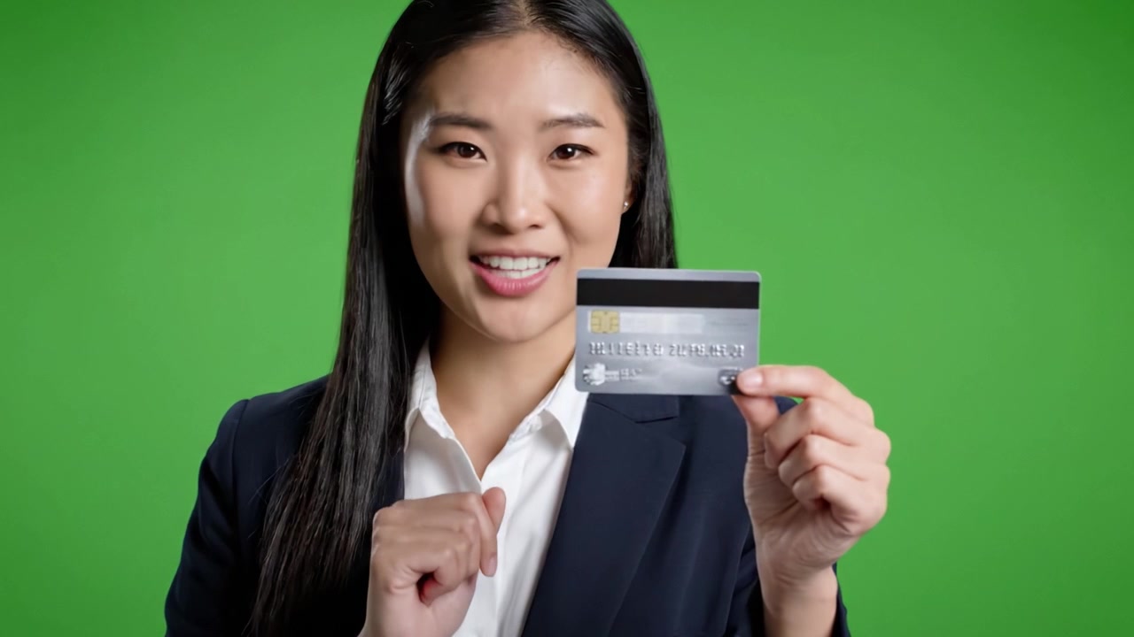 グリーンバックの前でクレジットカードを使い、経済的な安定性を示す自信に満ちたプロフェッショナル。個人資産管理とエンパワーメントを強調しています。