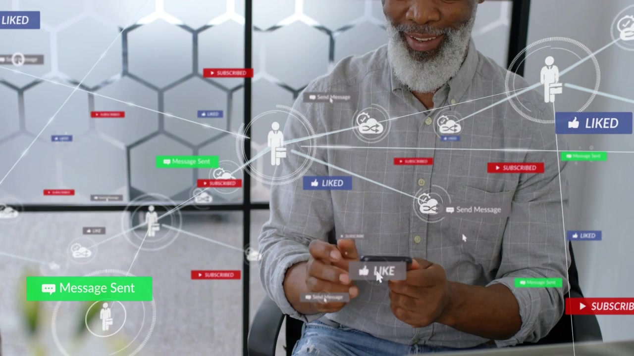 Man tapping phone at desk, starting marketing UI with badges linking users and driving engagement