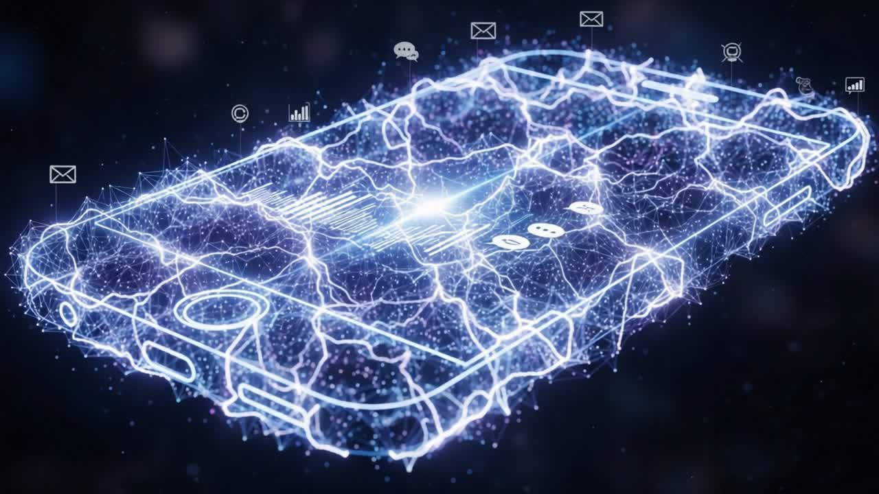 Dynamic Visualization of an Electrifying Smartphone Surrounded by Digital Communication Icons and Connectivity Symbolism in a Hi-Tech Environment