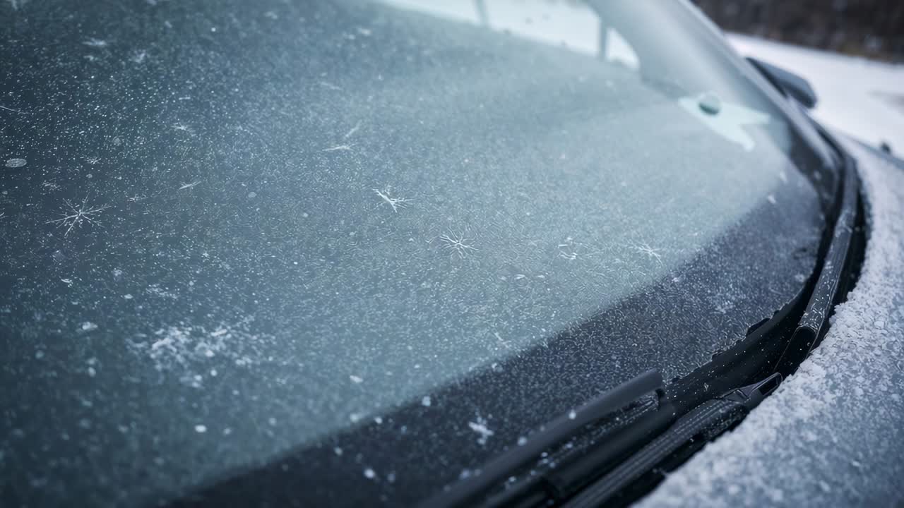 Starting to fall, light snow covering parked car windshield and rubber wiper cowl at snowy road