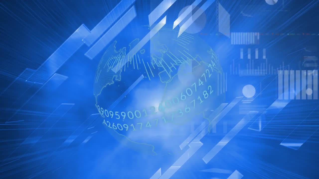 파란색 배경에 대한 데이터 처리와 디지털 인터페이스를 통해 회전하는 지구와 사각형 모양