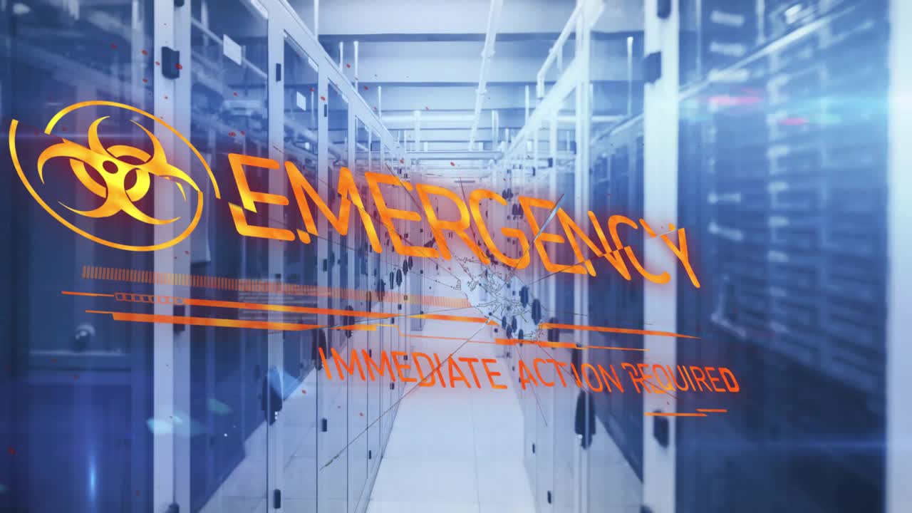 Biohazard symbol fading in forming emergency overlay needing immediate action over server corridor