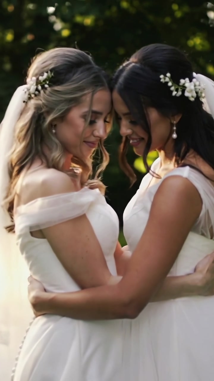 Two adult women clasping hands leading to embracing in sunlit meadow wearing veils for wedding