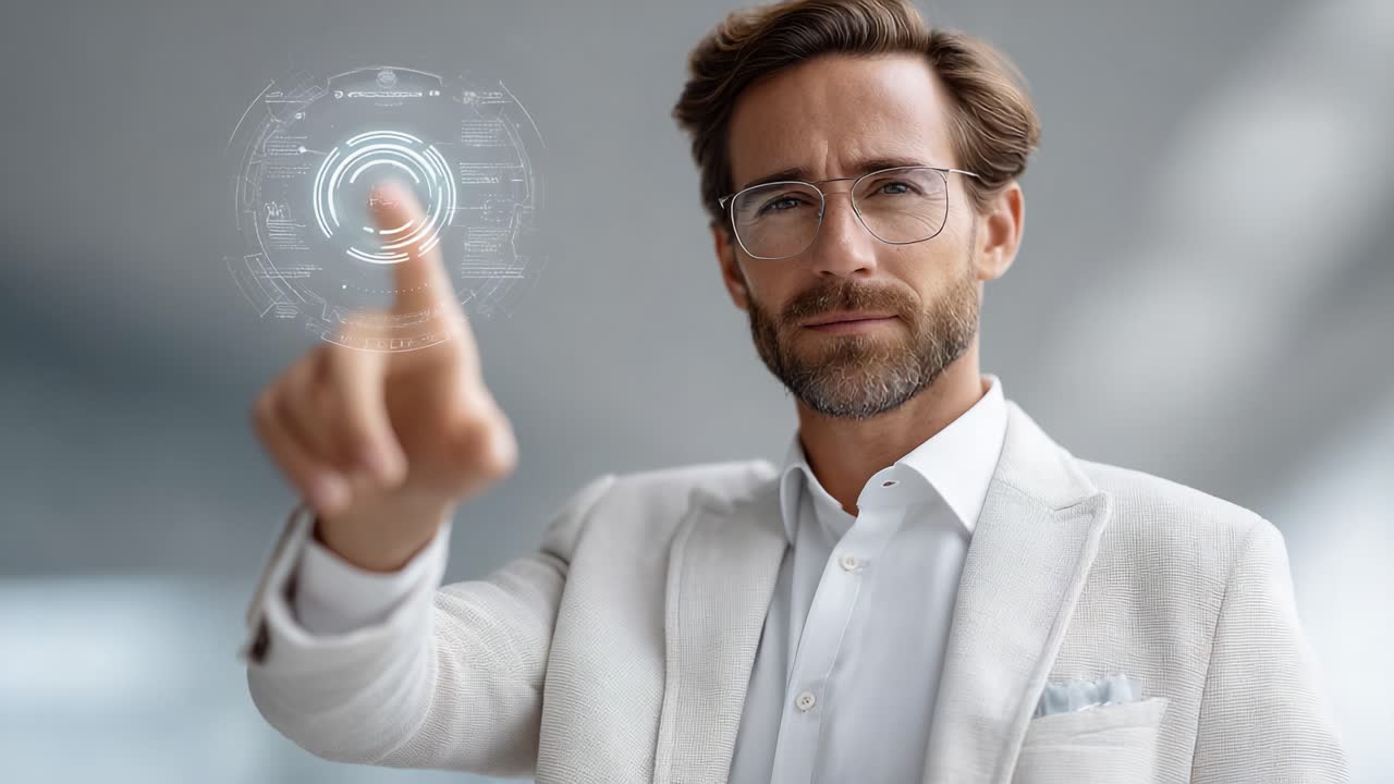 A Professional Man Interacting with a Futuristic Device, Showcasing Technology and Innovation in a Modern Business Environment